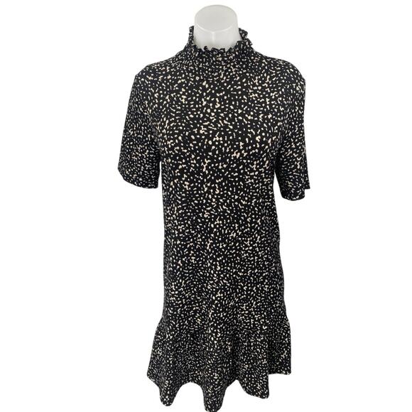 Zara Black White Short Sleeve Ruffle Abstract Turtleneck Mini Shift Dress Size M - Picture 1 of 3
